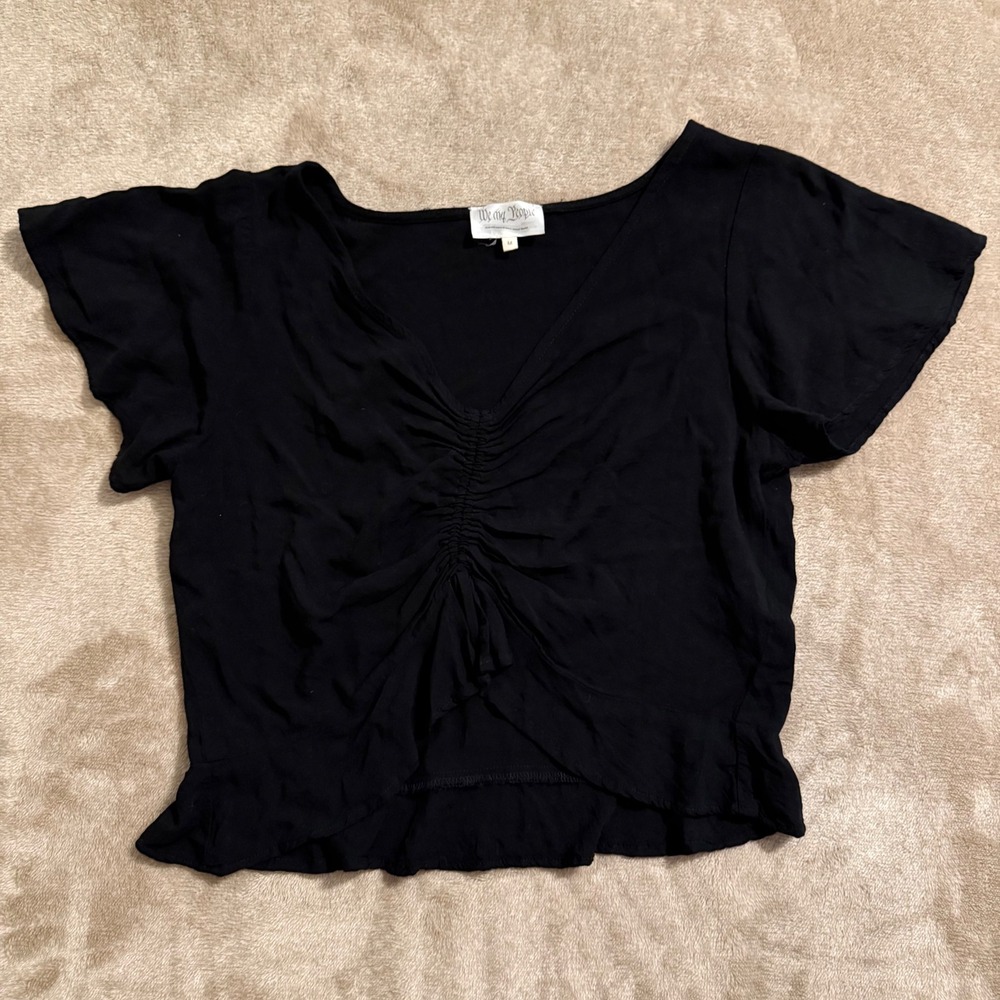 We The People Black Ruched V-Neck Ruffle Hem Rayon Top Short Sleeve Blouse M